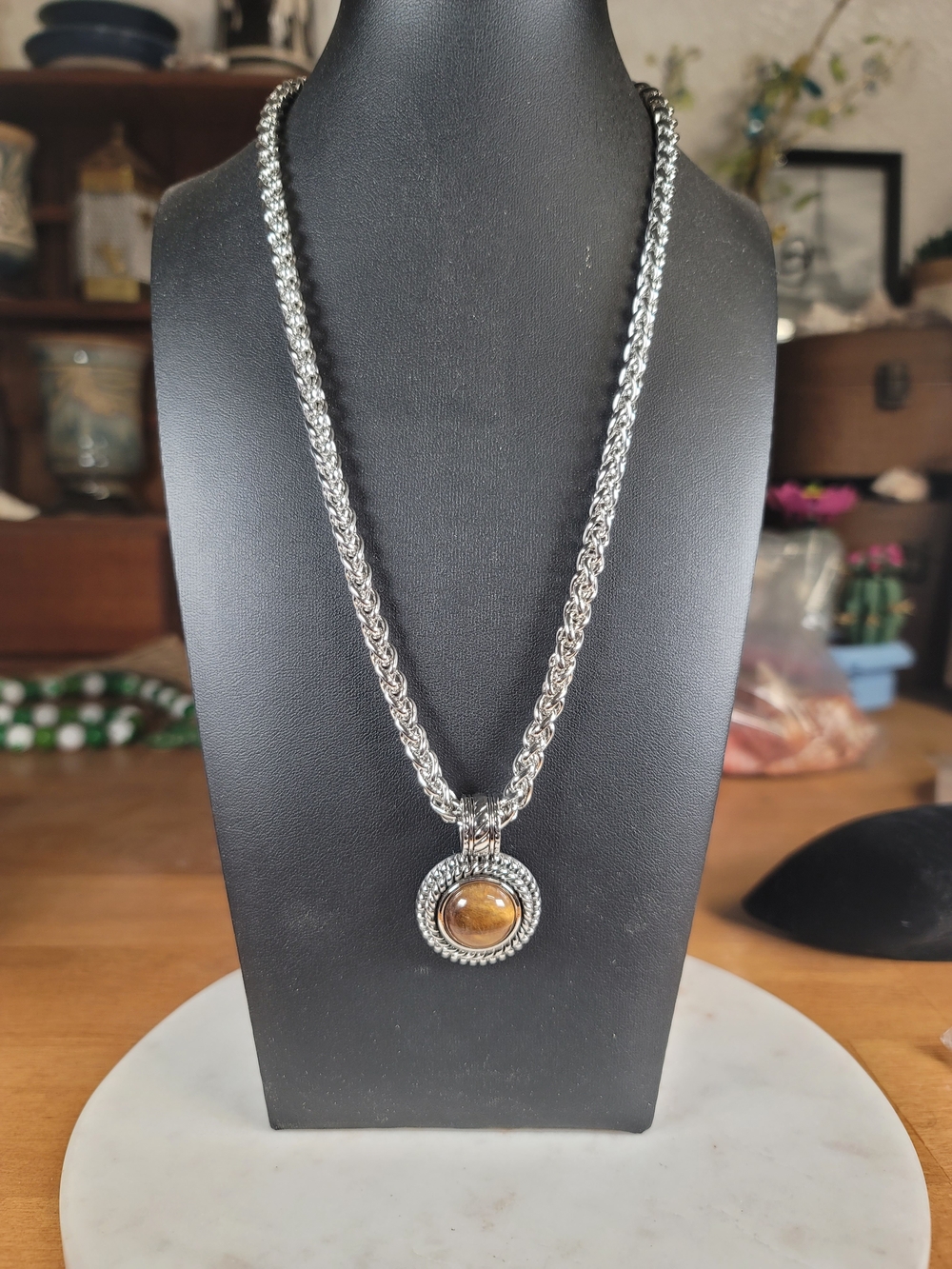 paparazzi Silver Rope Chain Necklace with Brown Tiger's Eye Pendant